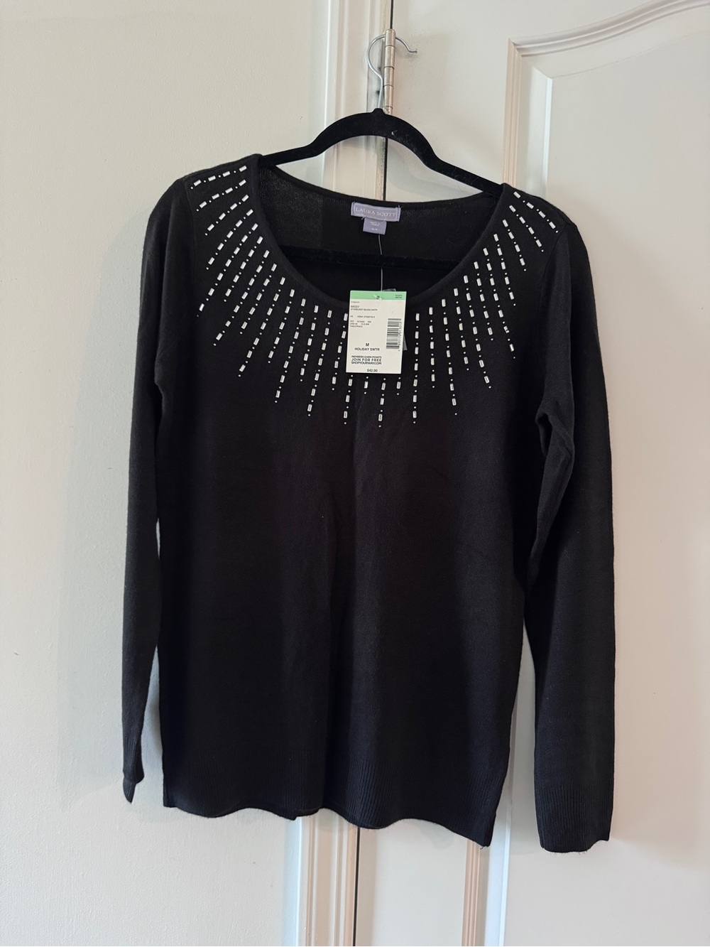 Laura Scott Black Long-Sleeve Scoop Neck Top with Silver Stud Accents